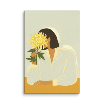 Floral Face Wall Art – Modern Minimalist Portrait with Yellow Flower 40″×60″ - Masterpiece Print