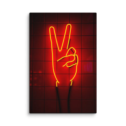 Neon Peace Hand Sign Wall Art Print – Bold Yellow Red Modern Pop Canvas 40″×60″ - Masterpiece Print