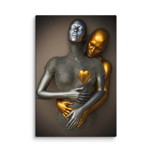 Silver & Gold Embrace – Futuristic Love Wall Art 40″×60″ - Masterpiece Print