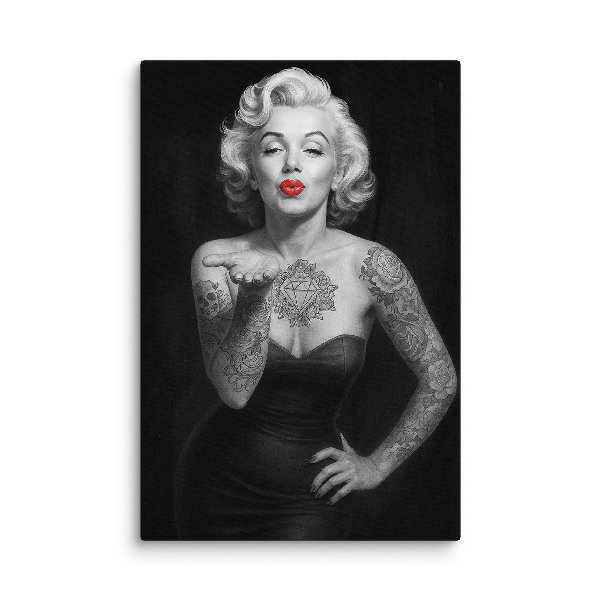 Tattooed Glamour Icon Wall Art Print – Black and White Retro Beauty with Red Lips Extra Large Canvas 40″×60″ - Masterpiece Print
